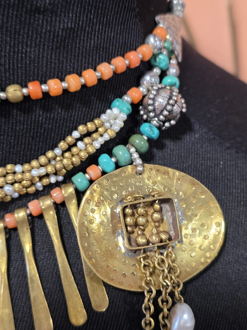 Layered Gold Medallion Necklace with Turquoise and Coral Beads